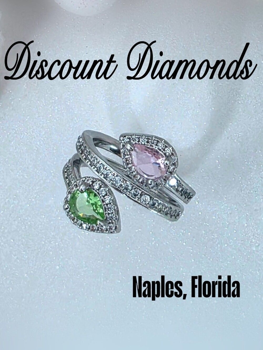 Pink & Green Pear Cut Diamonds & Baguette Diamond Cocktail Ring on 925 Silver